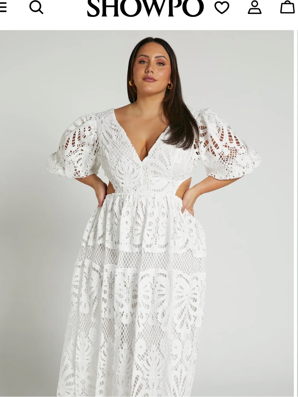 Showpo White Lace Midi Dress with Puff Sleeves